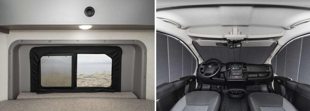 Insulation around side window and zipped air barrier window coverings of the Winnebago Solis.