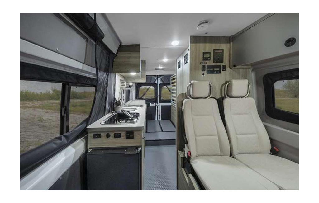 Interior of Winnebago Solis with automotive-grade seating.