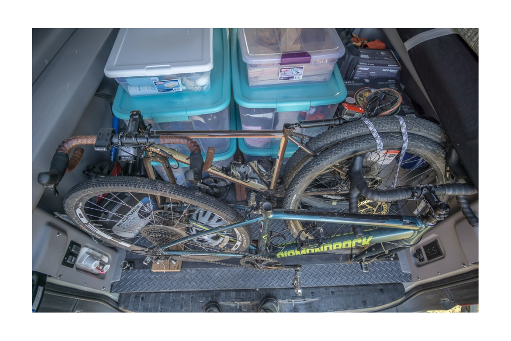 Winnebago Revel detail view of gear garage packed with gear necessities