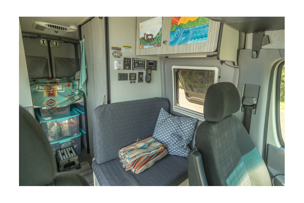 Front to back interior of Winnebago Revel with personal touches