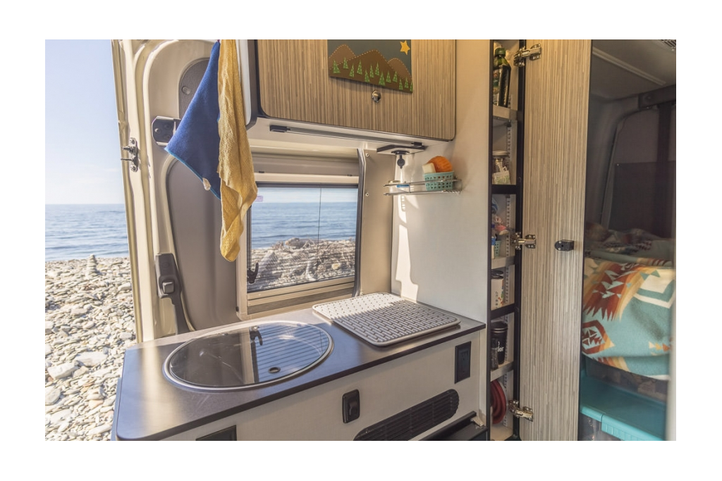 Detail view of Winnebago Galley and added homemade pantry shelves