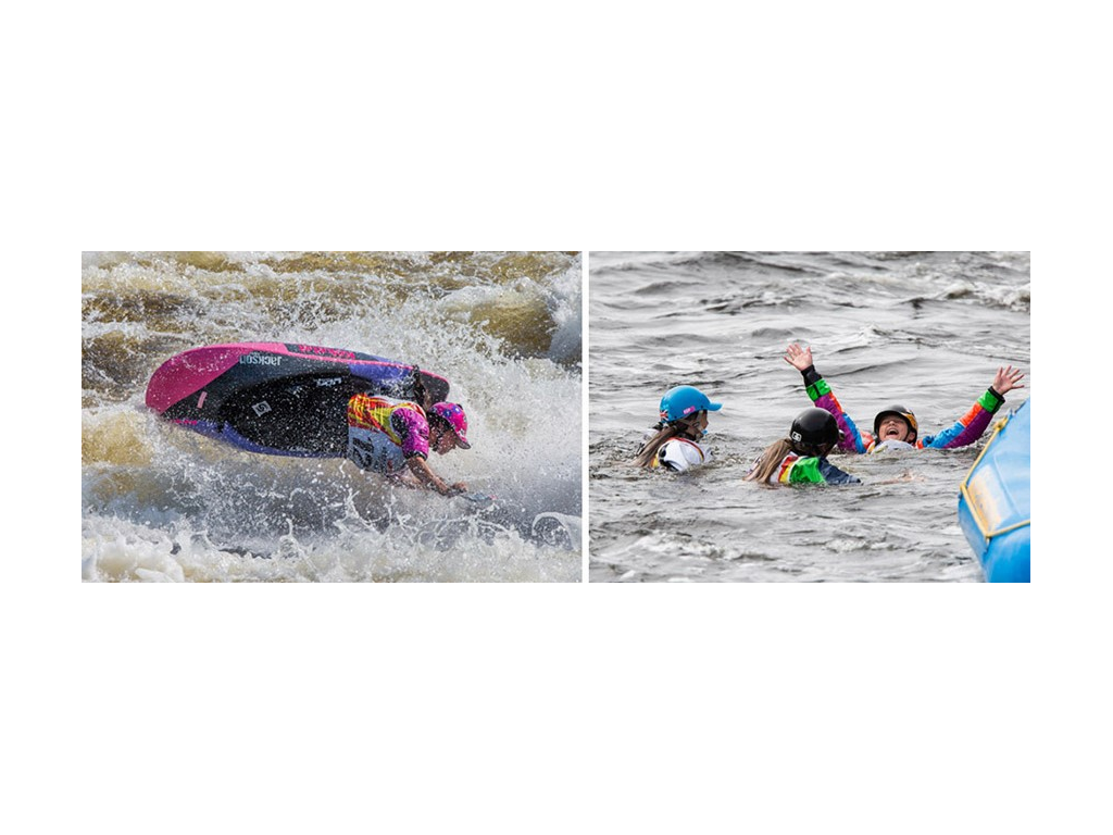 Two photos of Abby freestyle kayaking in 2015 World Championship