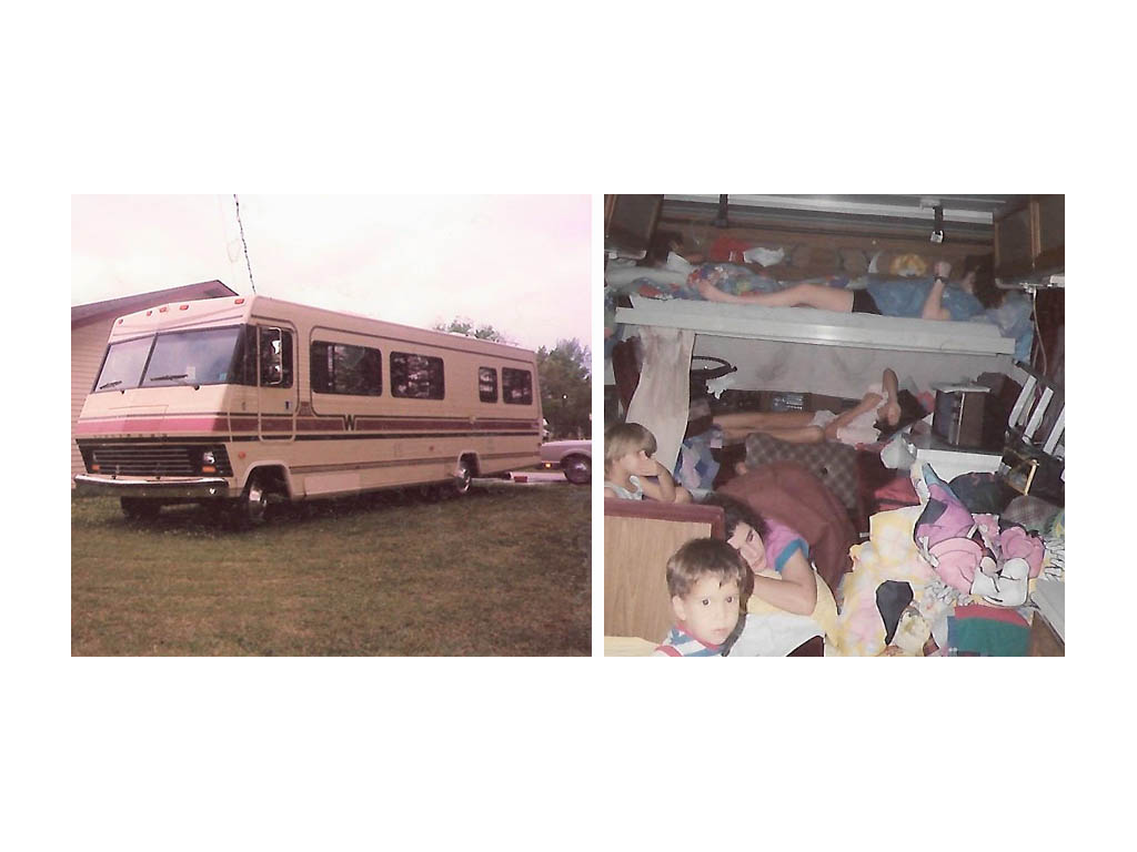 First photo: 1984 Winnebago Chieftan parked on grass. Second photo: Winnebago Chieftan packed full of children and adults for family trip.