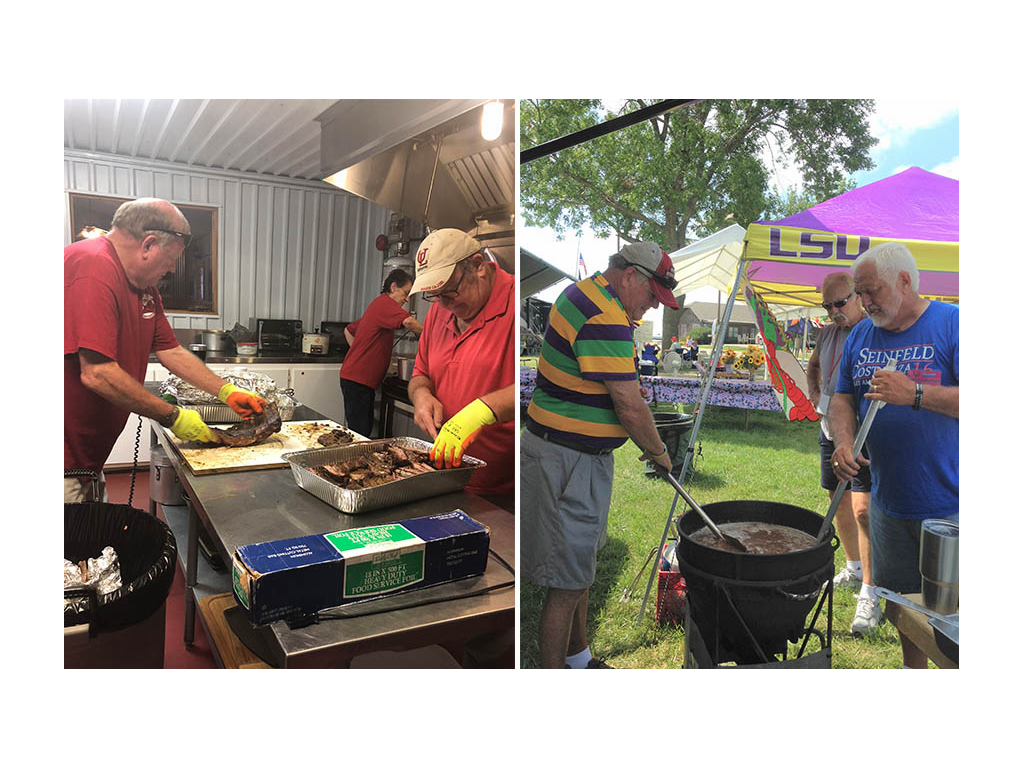First photo: Andy carving ribs with younger brother. Second photo: Andy stirring pot of jambalaya with a friend at GNR 