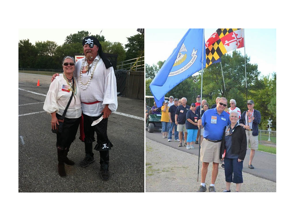 First photo: Andy and Jeanie dressed as pirates. Second photo: Andy and Jeanie carrying Louisiana flag for parade of states