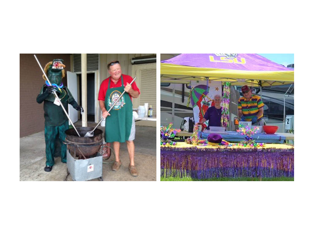 Frist photo: Andy stirring large pot of jambalaya next to alligator statue. Second photo: Andy and Jeanie inside Louisiana tent decorated in Mardi Gras colors.