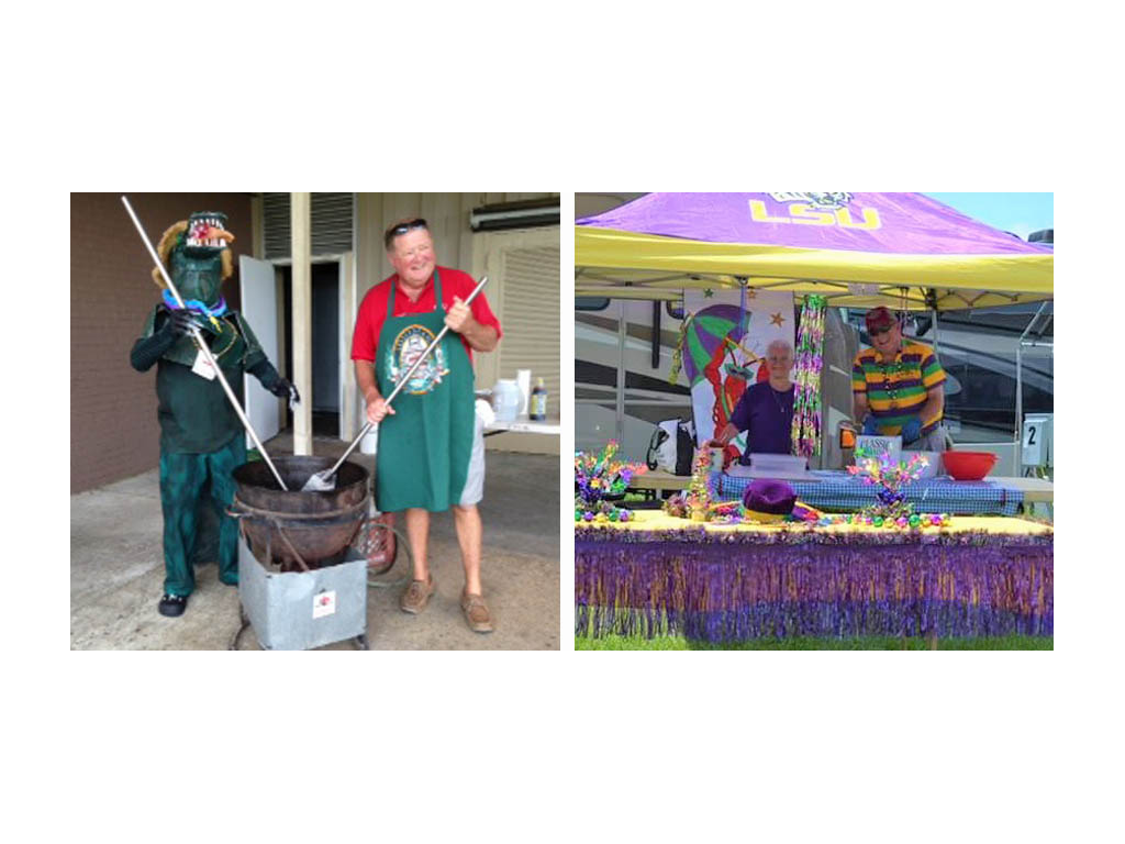 Frist photo: Andy stirring large pot of jambalaya next to alligator statue. Second photo: Andy and Jeanie inside Louisiana tent decorated in Mardi Gras colors. 
