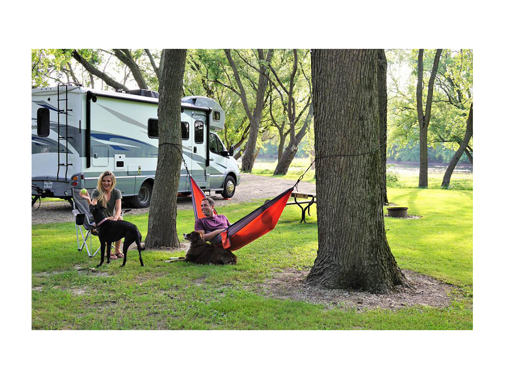 Lindsay sitting in chair throwing ball to large black dog. Dan is sitting in a red hammock next to a large brown and white dog. Navion is parked behind them