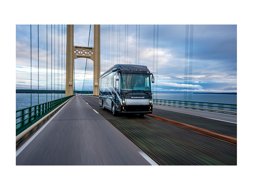 New Winnebago Journey driving on bridge