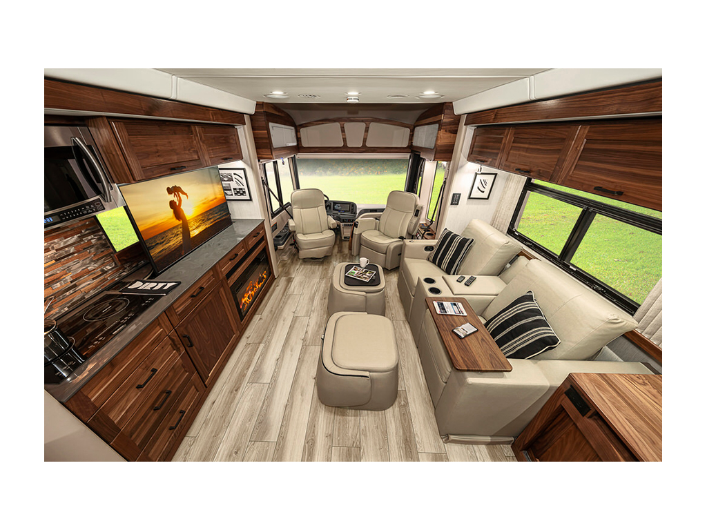 Interior shot of theater seats in the Winnebago Journey