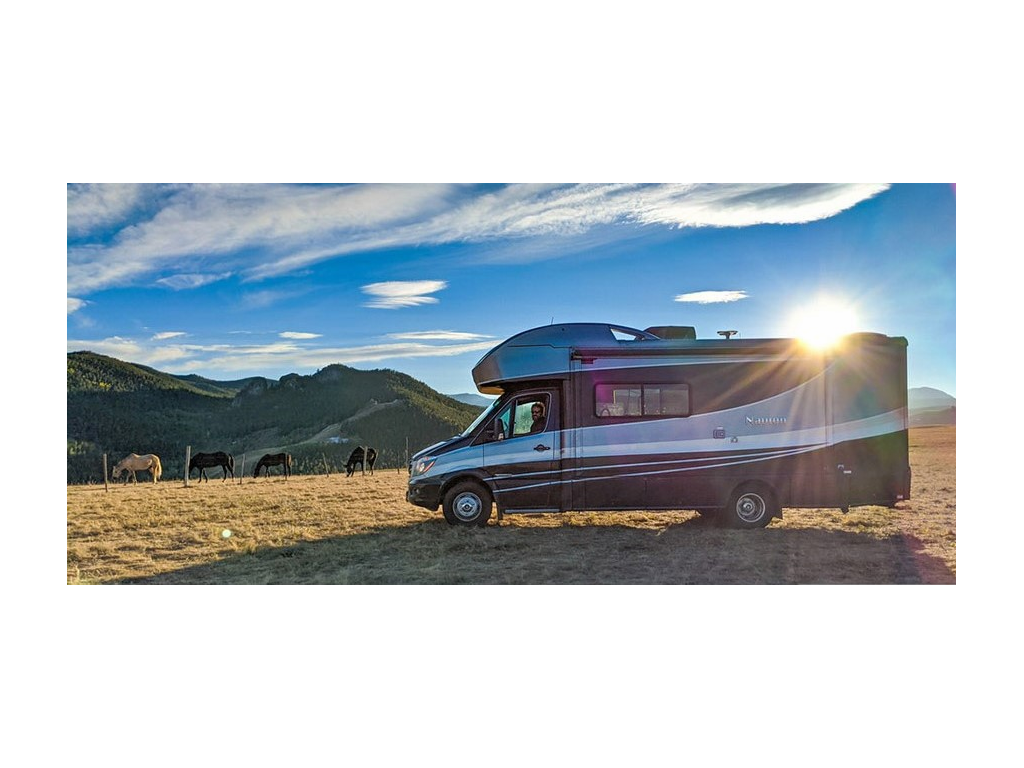 Howard in Navion parked on grass near horses