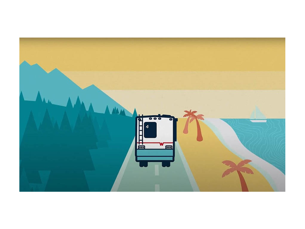 Cartoon Winnebago driving down road next to beach