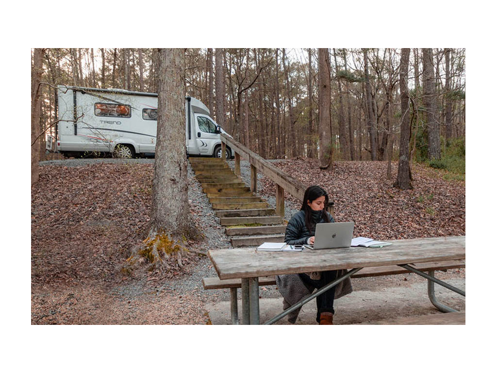 Nadia working on laptop at picnic table with Trend in background