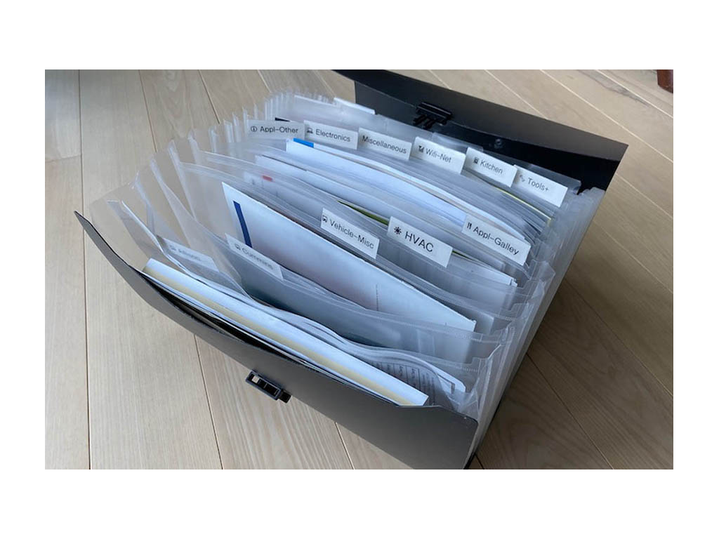 Plastic organizer with Horizon information sorted by categories