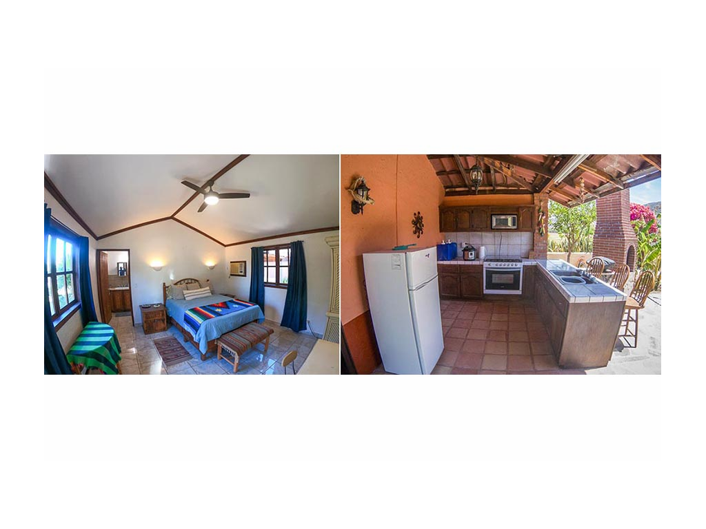 Interior shot of bedroom and exterior shot of outdoor kitchen