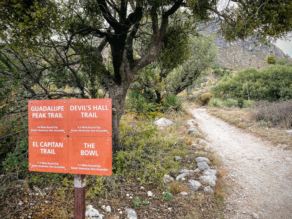 Trail information at the start of a trail up the Guadalupe Mountains