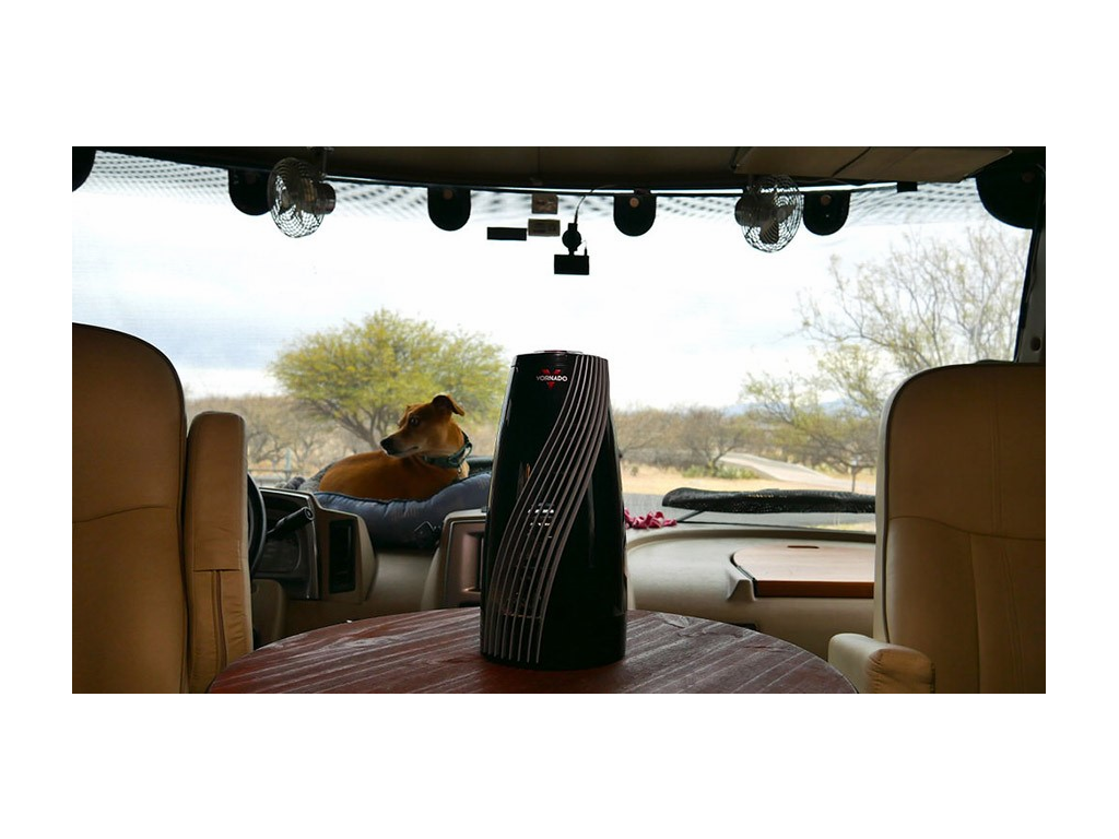 Space heater sitting on table in RV. Bella the dog is sitting on the dash in the background