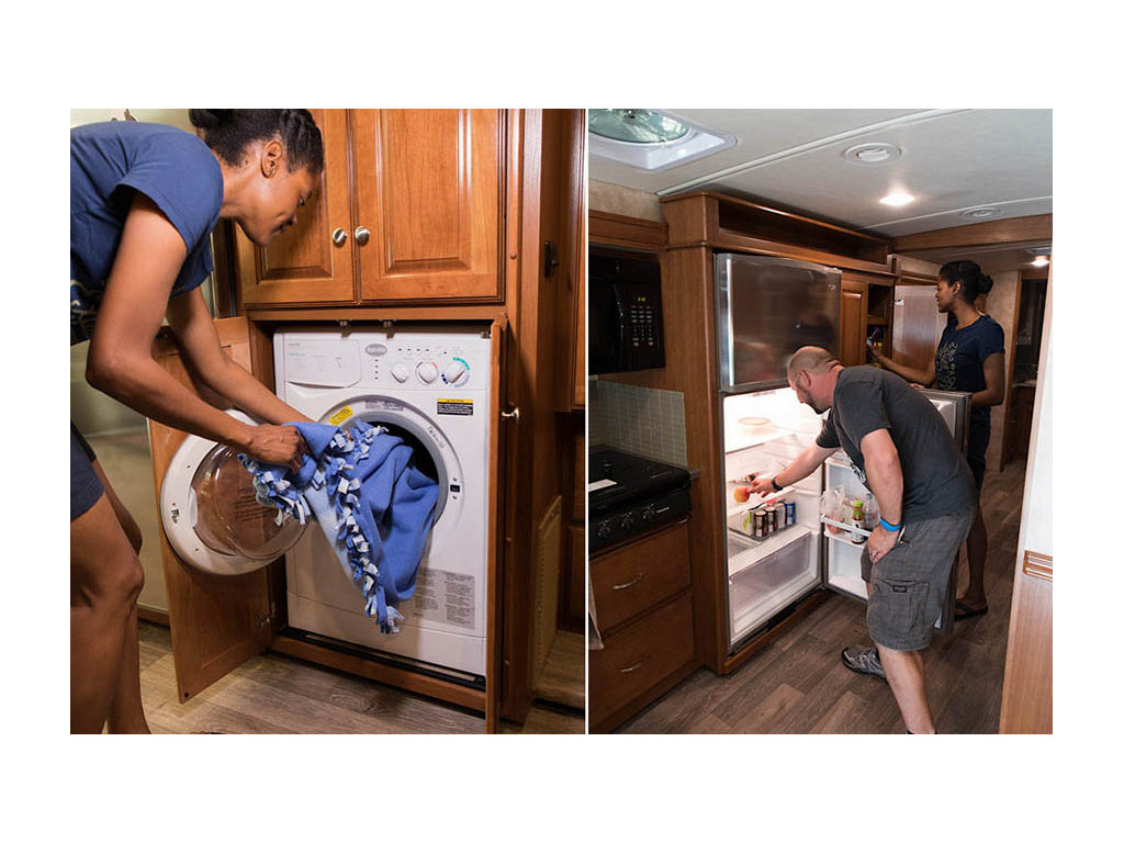 First photo: Sabrina putting laundry in washing machine Second photo: Kenny looking in refrigerator and Sabrina looking in kitchen cupboard