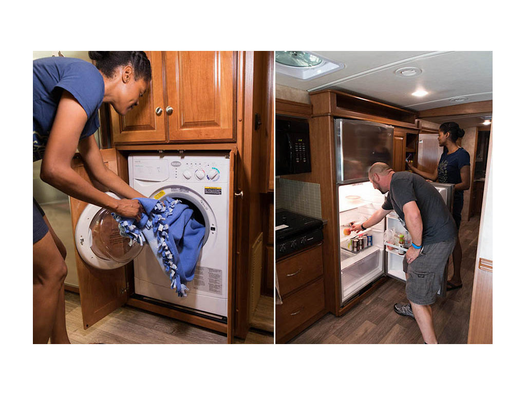 First photo: Sabrina putting laundry in washing machine Second photo: Kenny looking in refrigerator and Sabrina looking in kitchen cupboard 
