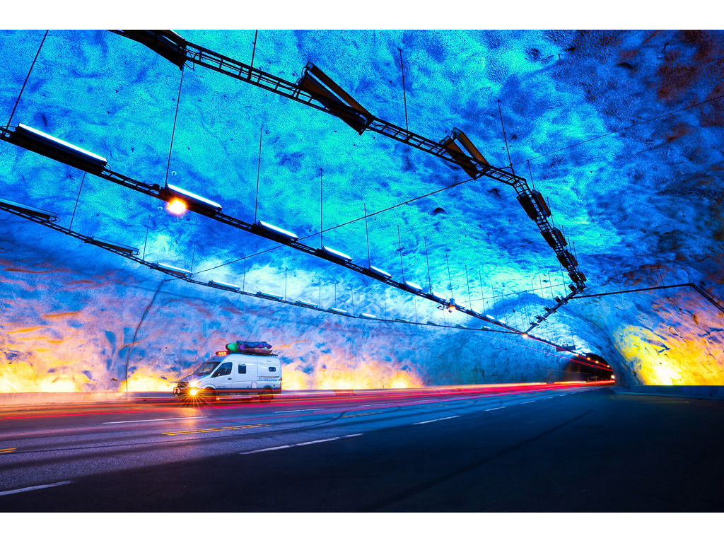 Winnebago Revel driving through the Laerdal Tunnel in Norway