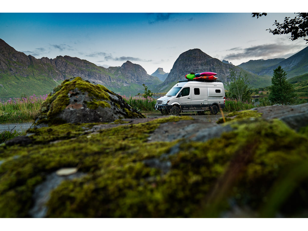 Winnebago Revel boon docking in rugged landscape in Norway