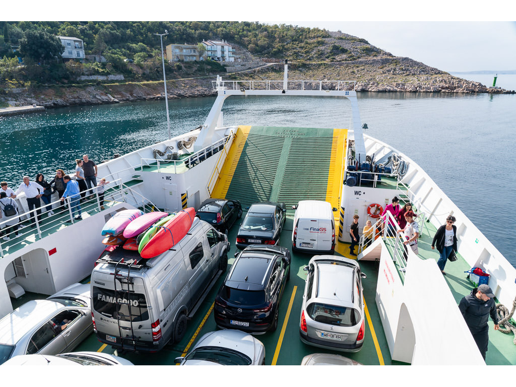 Winnebago Revel parked on Ferry heading to Isle of Rab in Croatia.