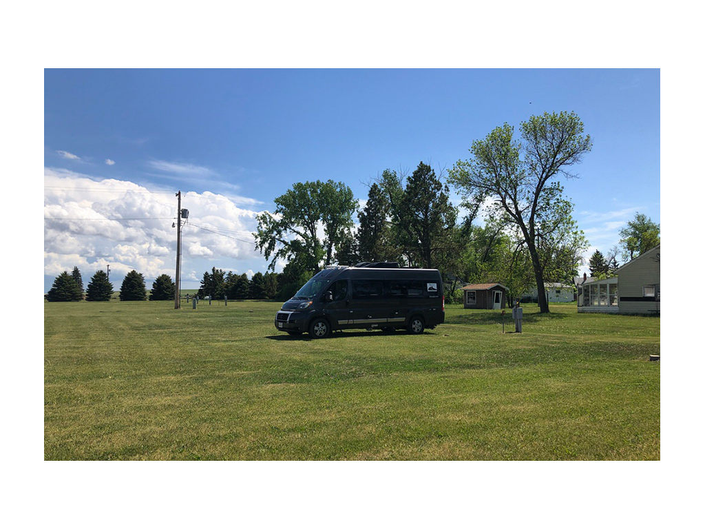 Novella, Sue's Winnebago Travato, parked in grass near trees.