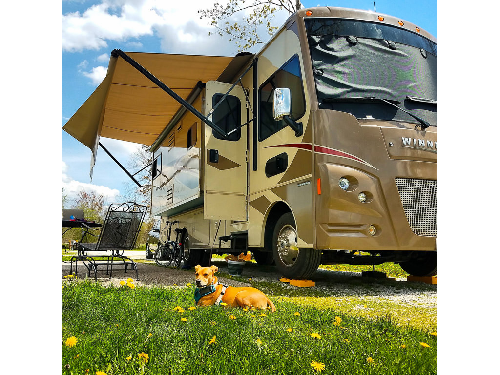 Winnebago Vista parked at KOA with Belle laying in the grass in front of the motorhome