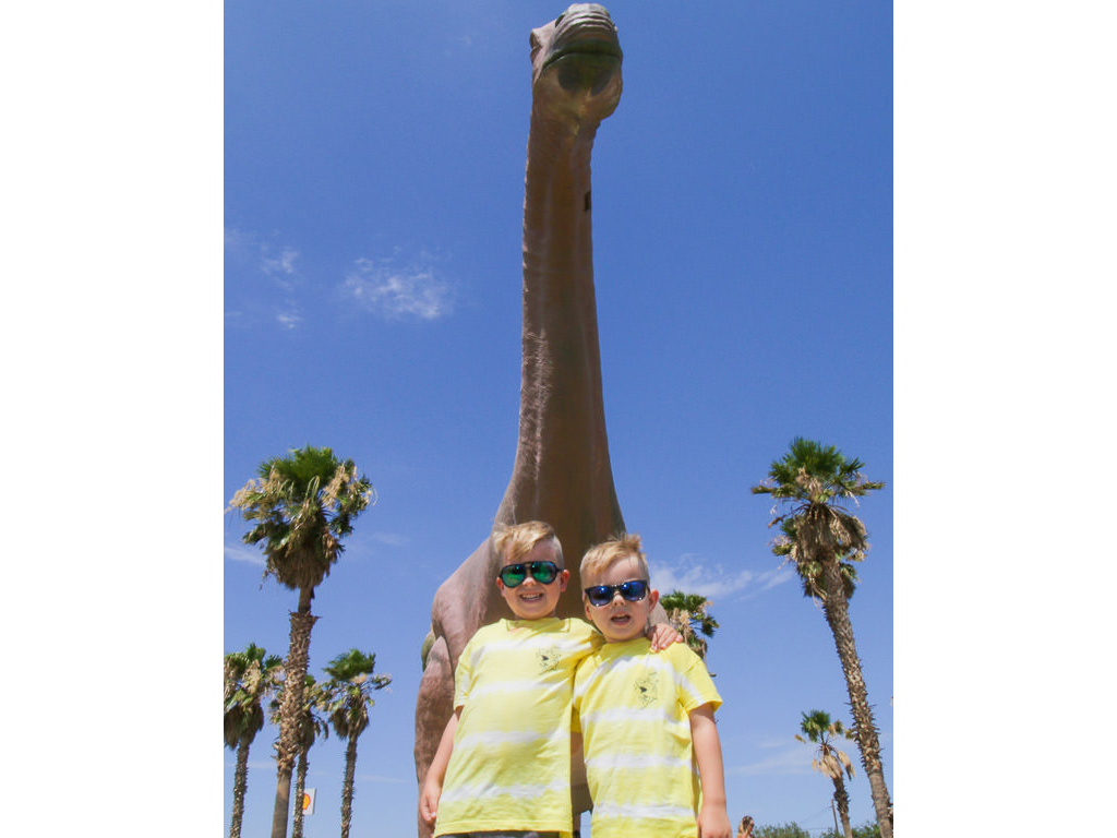 The boys posing with dinosaur in background