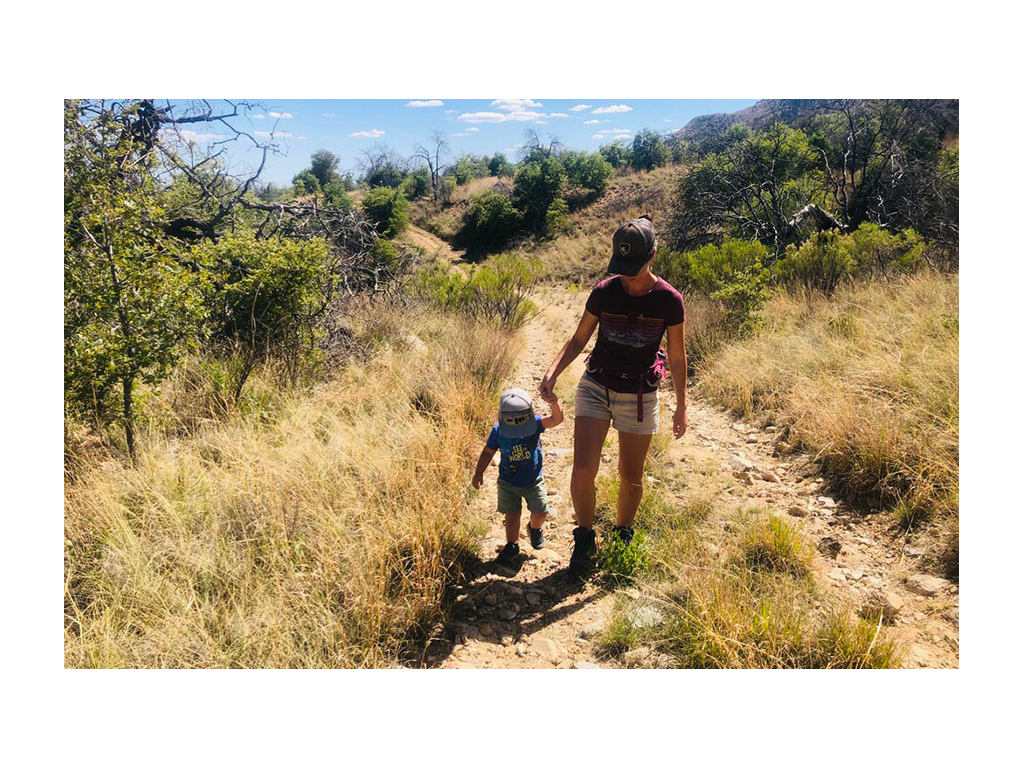 Brittany and Caspian holding hands while hiking