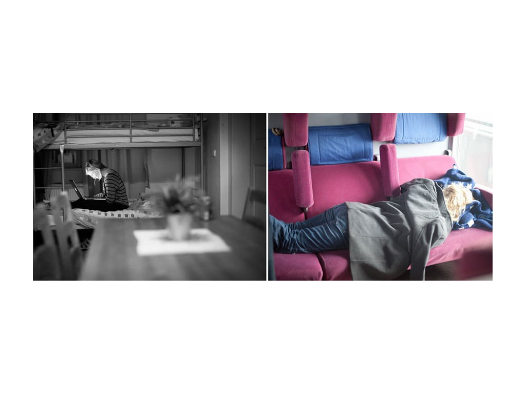 First photo: Tera sitting on bunkbed working on computer. Second photo: Tera sleeping on bus seats while backpacking