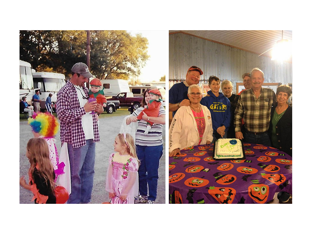 First photo: Children trick-or-treating for Halloween at an RV park with the Bago Cajuns. Second photo: Andy and Jeanie with friends gathered around  a cake celebrating 20 years. 