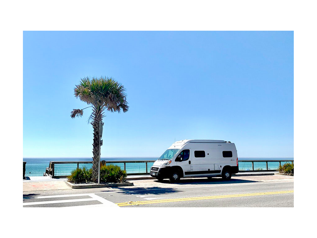 Solis pulled over on the side of the road next to blue water and a palm tree