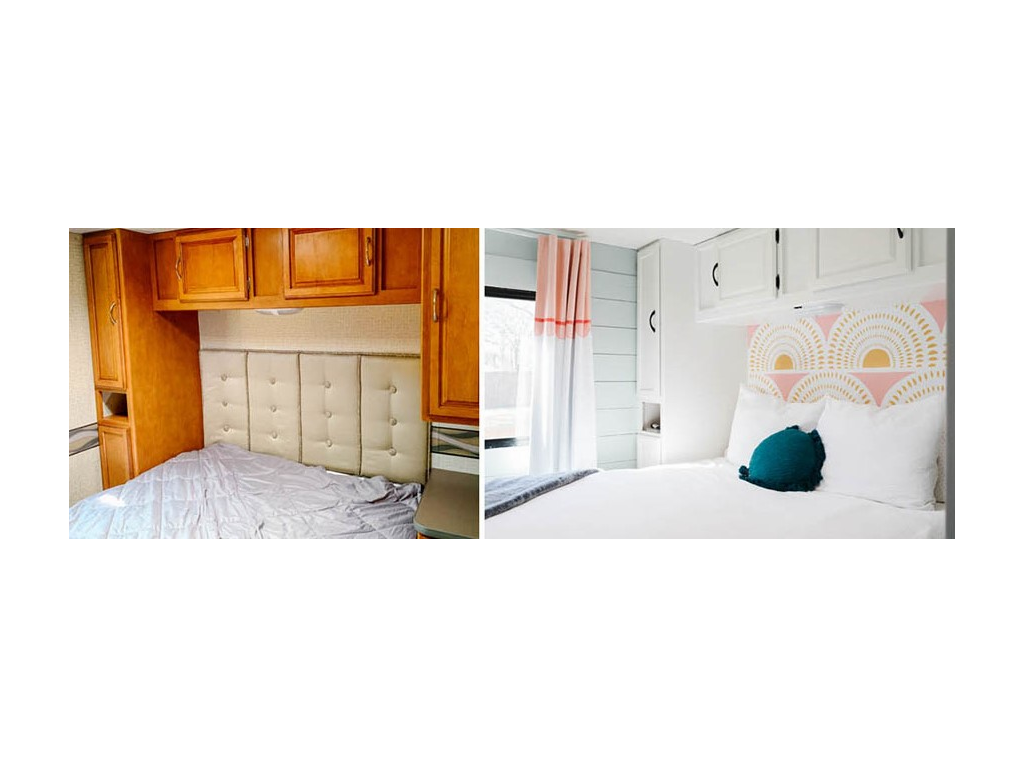 White paneling and white bed in renovated Minnie Winnie