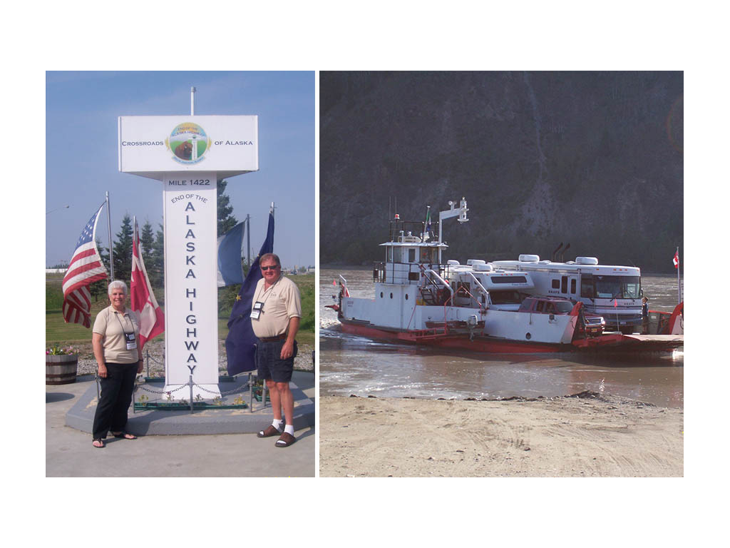 First photo: Jeanie and Andy standing next to Alaska Highway sign. Second photo: Alaskan ship
