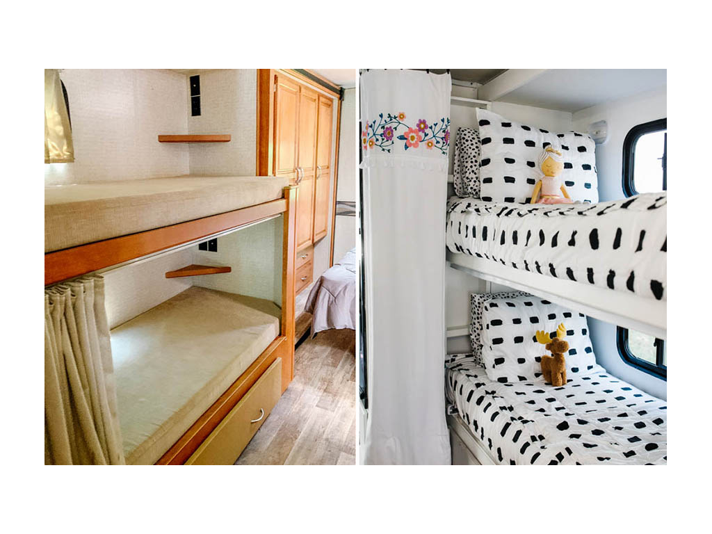 Comparing old bunk beds to new. Renovated bunk beds are all white with white and black bedding.