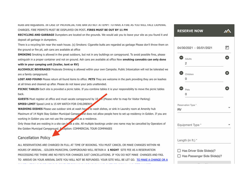 Screenshot of RV park cancellation policy