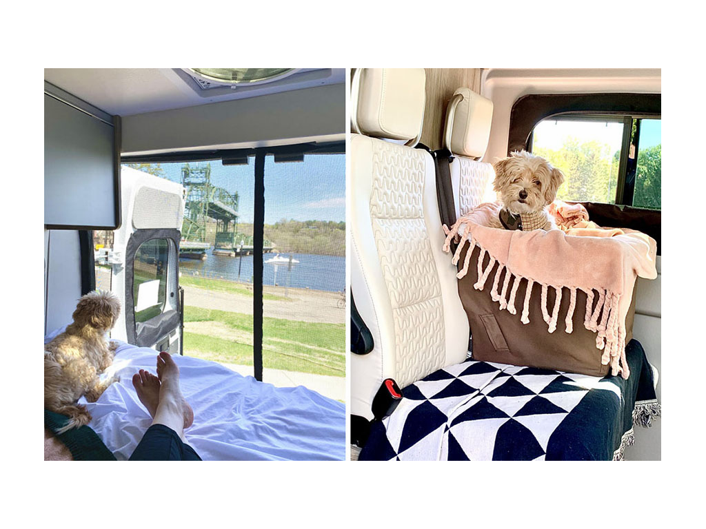 First photo: Shot of dog and Lindsey's feet sitting on bed looking out back doors. Second photo: Dog sitting in basket on dinette seats on top of a pink blanket