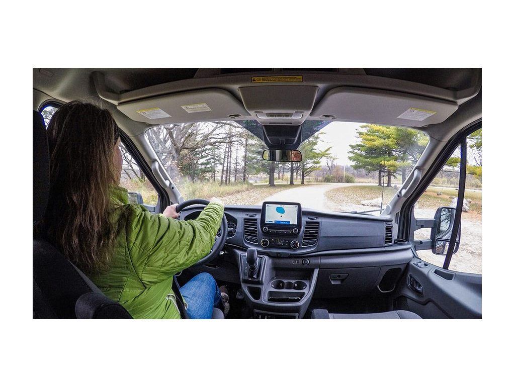 Looking through windshield as Kathy Holcombe drives the EKKO