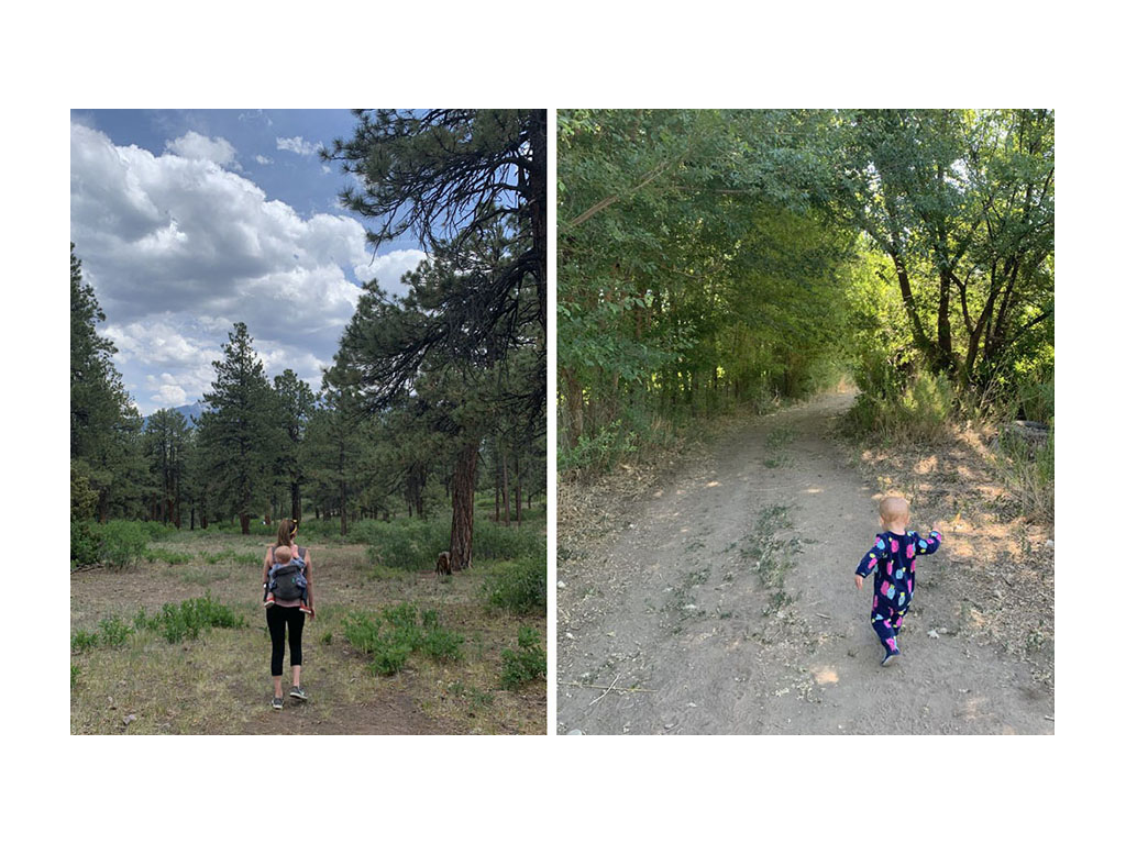 First photo: Alyssa carrying Elli on back down a trail. Second photo: Elli walking on trail in blue footie pajamas