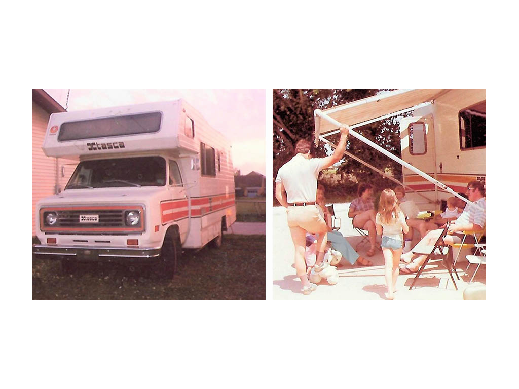 First photo: 1976 Itasca Minnie. Second photo: Family sitting under awning of Itasca Minnie. 