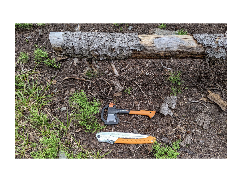 Folding saw and hatchet sitting on ground next to fallen tree