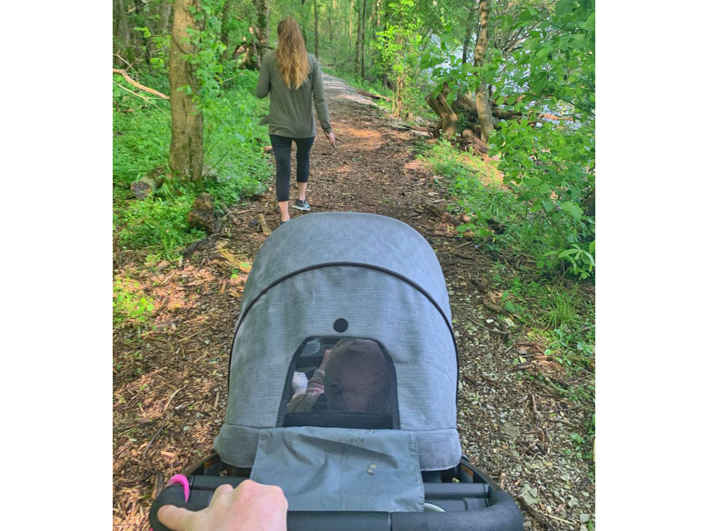 Padgett family on a hike with Ellie in a stroller