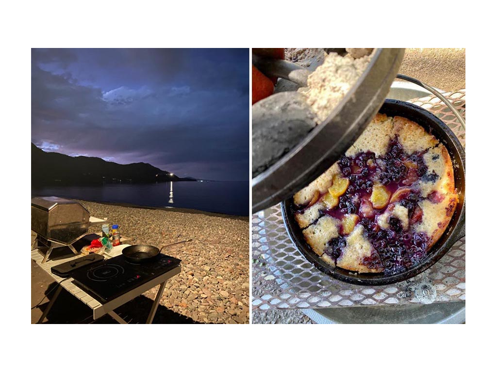 First image: Induction cooktop set up on a table on the beach. Second image: Peachberry cobbler made in the Dutch oven