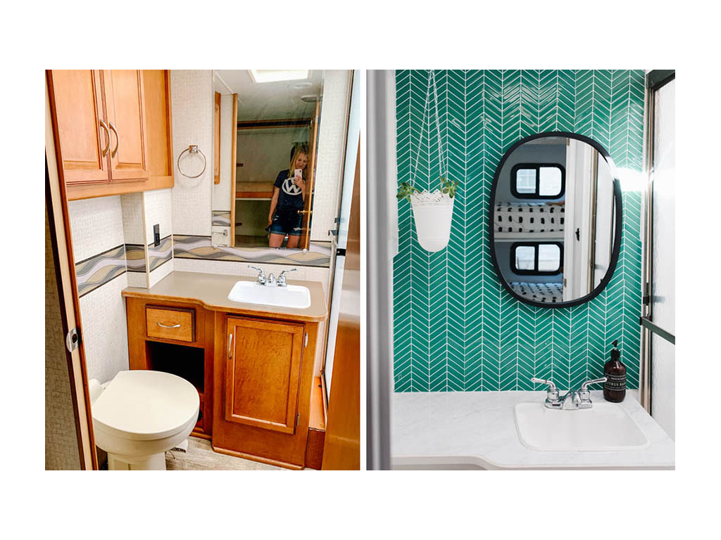 Comparing old bathroom to new. Renovated bathroom has green tile and white accents