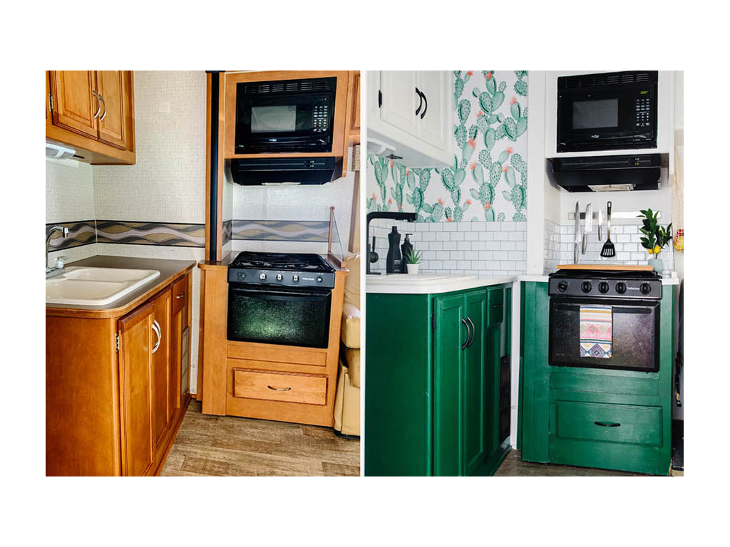 Comparing old kitchen to new after renovation. New kitchen has green cabinets and cactus wallpaper with black appliances.