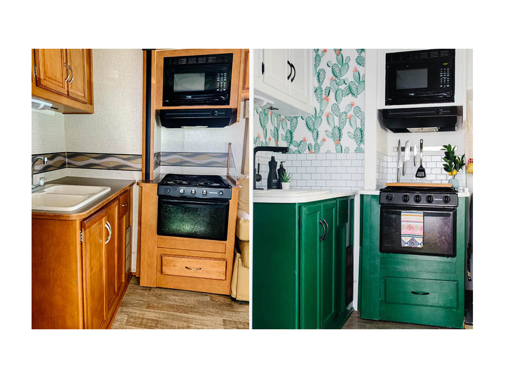 Comparing old kitchen to new after renovation. New kitchen has green cabinets and cactus wallpaper with black appliances. 