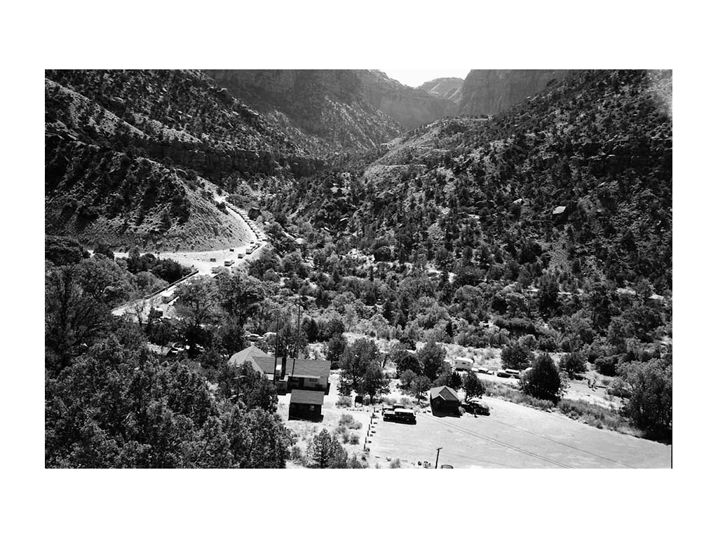 Black and white photo - caravan of motorhomes into Yosemite National Park