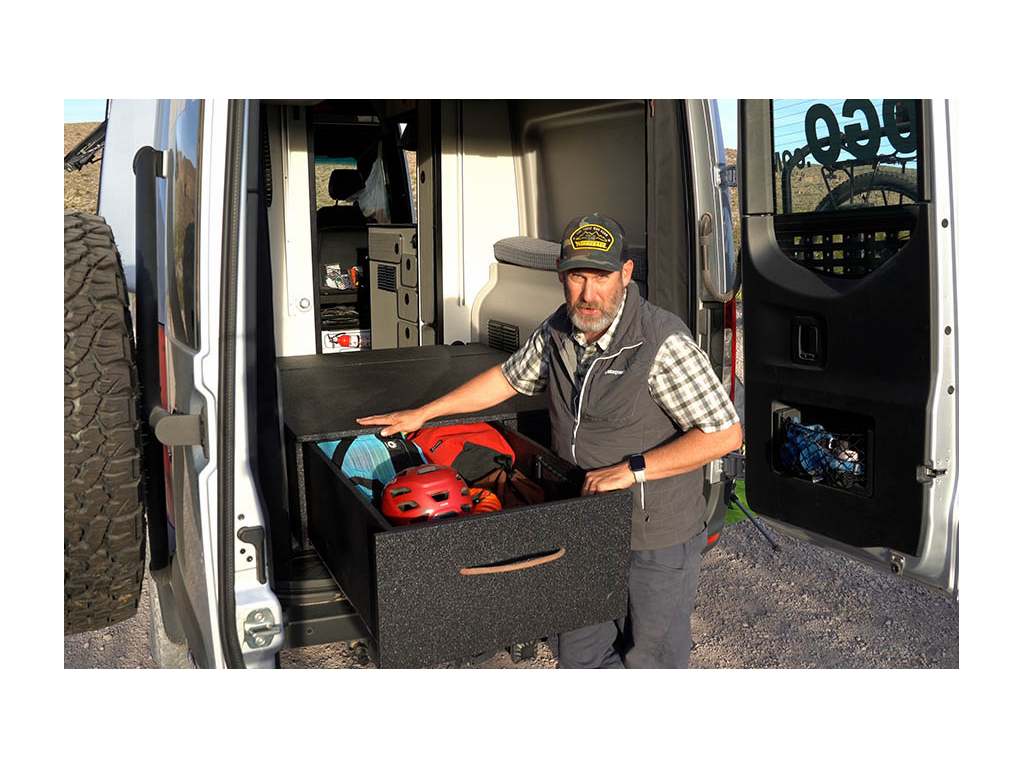 Peter Holcombe showing off Revel drawer modification with gear packed inside