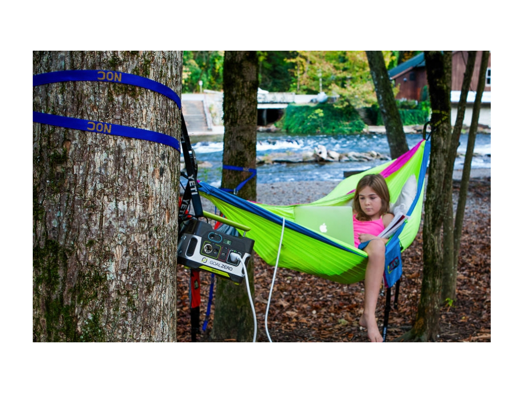 Abby sitting in green hammock doing homework on laptop